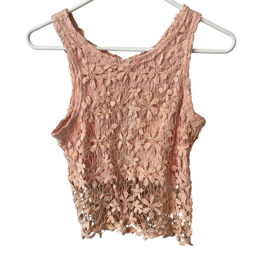 Pink Floral Crochet Lace Sleeveless Crop Top Exposed Back Zipper Peach Blush